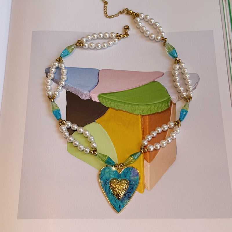Blue Heart Pearl Beaded Choker Necklace - White