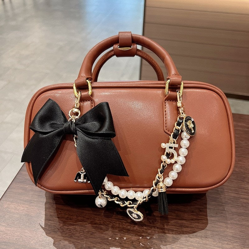 Pearl Bow Bag Charm Korean Style Purse Accessory - Black