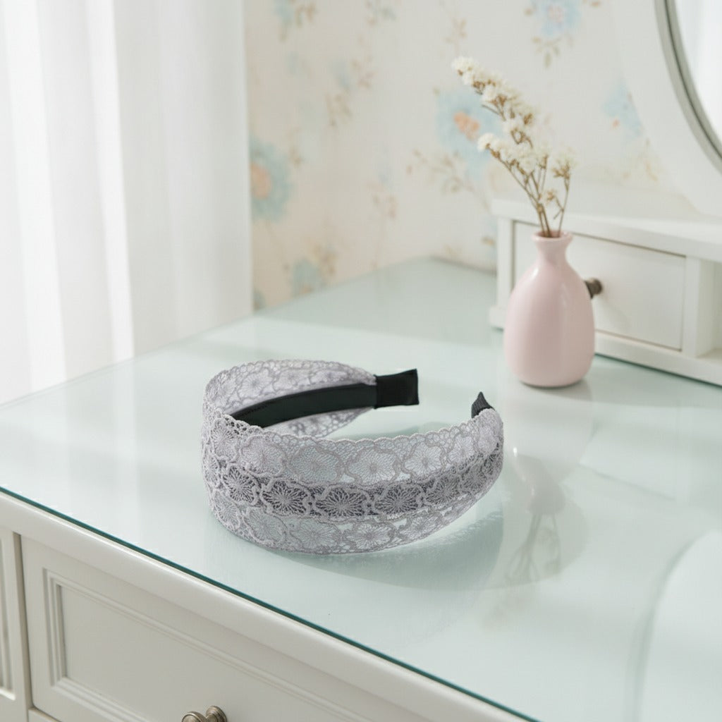 Embroidered Lace Padded Headband - Gray
