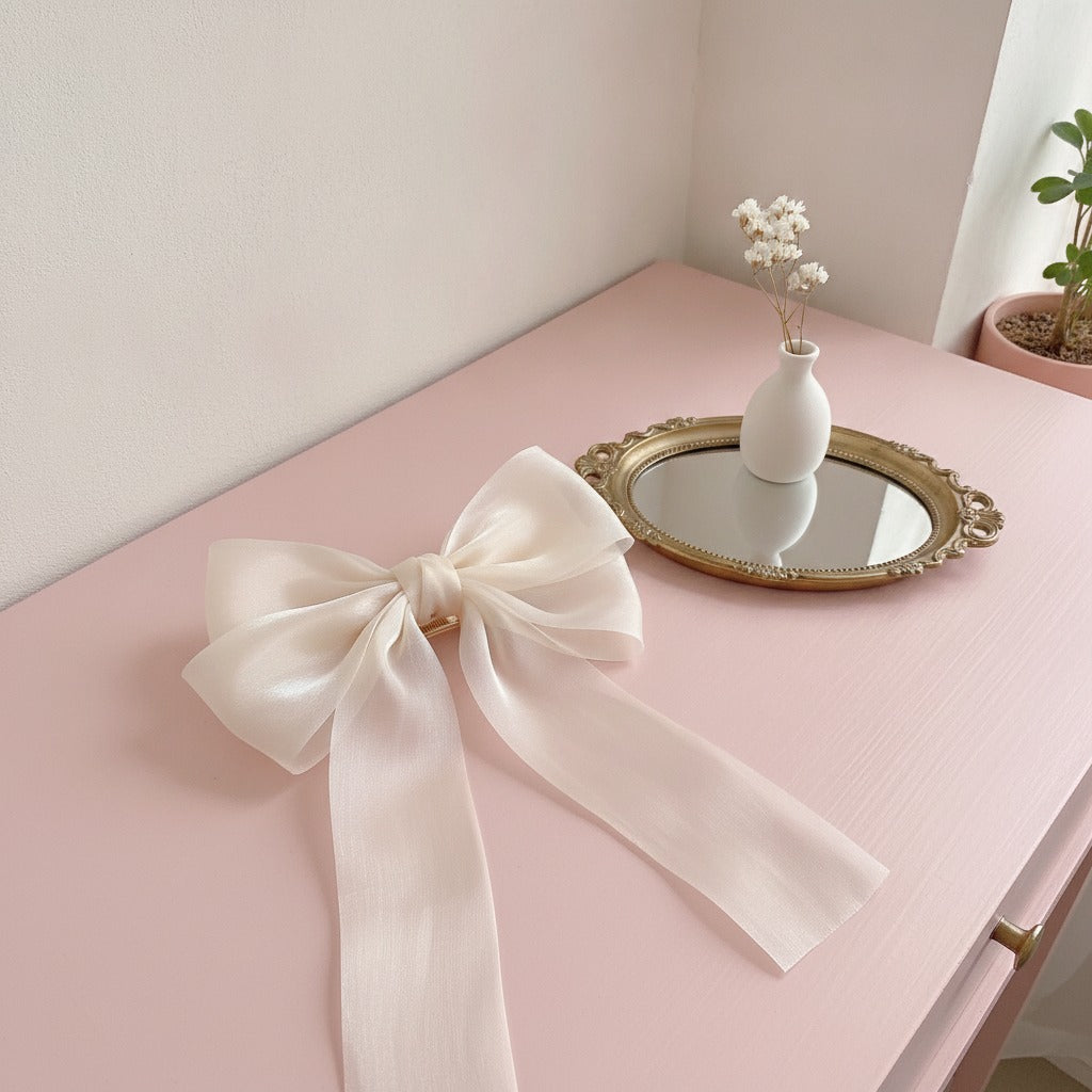Satin Bow Hair Claw - Beige