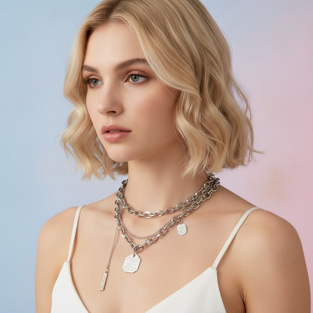 Mixed Chain Layered Pendant Necklace - Silver