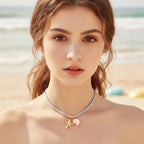 Starfish & Shell Charm Rope Necklace - Light Blue
