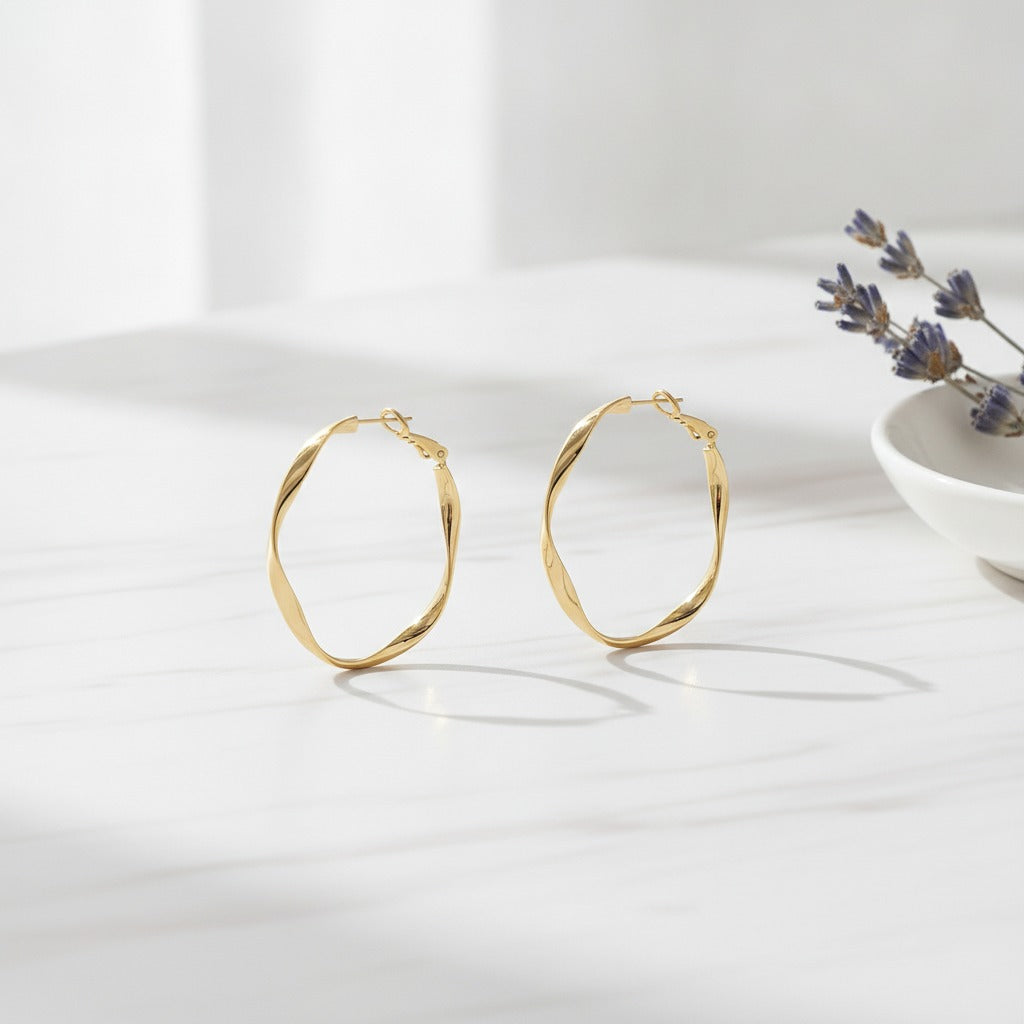 Twisted Oval Hoop Earrings - Gold