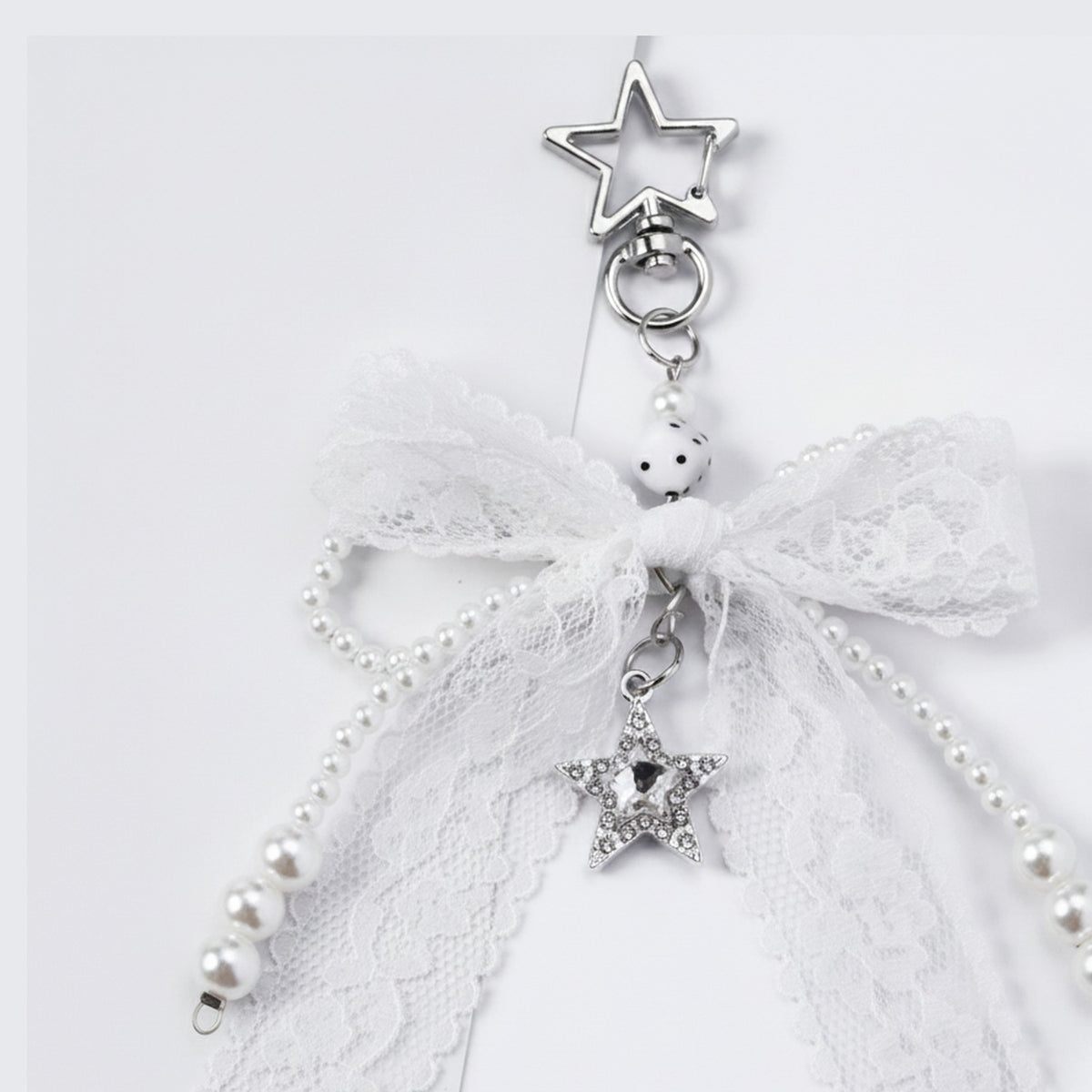 Lace Ribbon Pearl Bag Charm - White