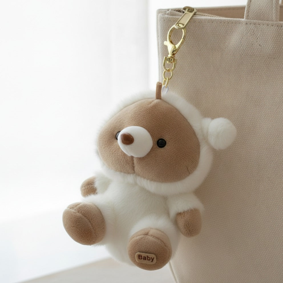Cozy Bear Plush Keychain - Cream & White