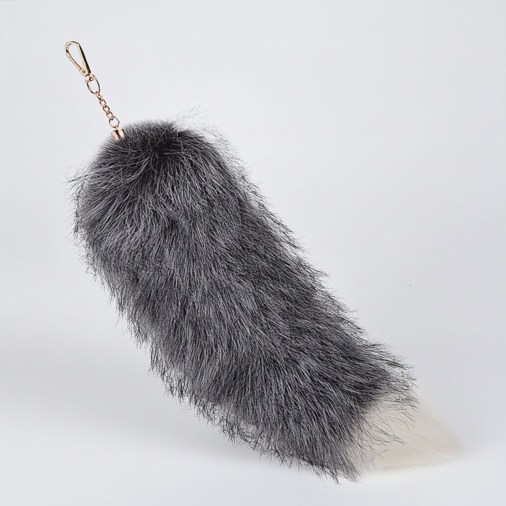 Fluffy Faux Fur Tail Keychain - Silver Blue