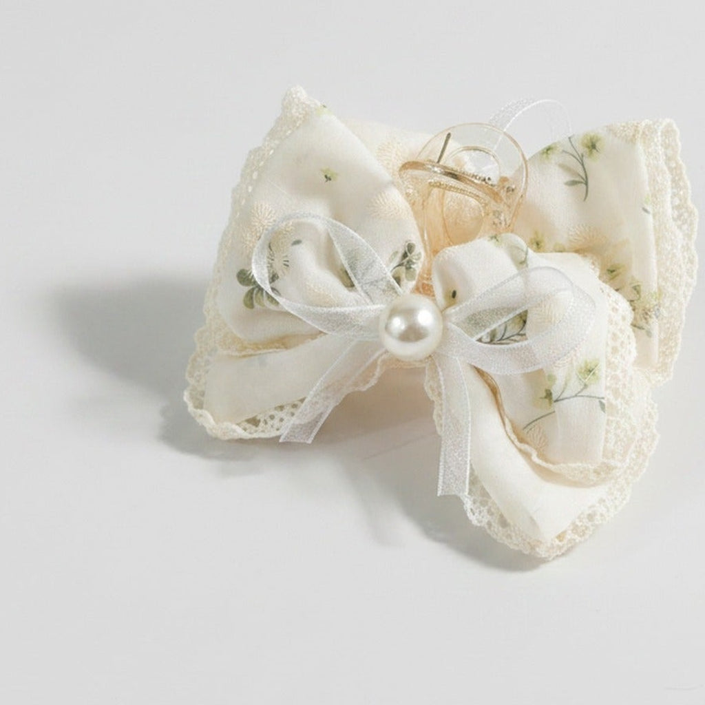 Cream Lace Pearl Bow Hair Claw Clip – hair accessories (view 1)