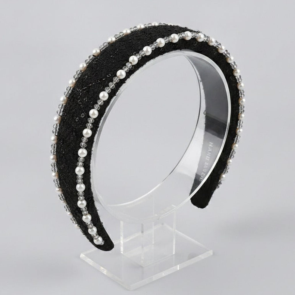 Pearl Embellished Padded Headband - Black