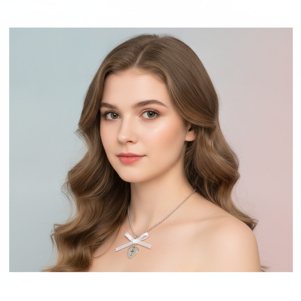 Bow Heart Cross Pendant Necklace - Silver