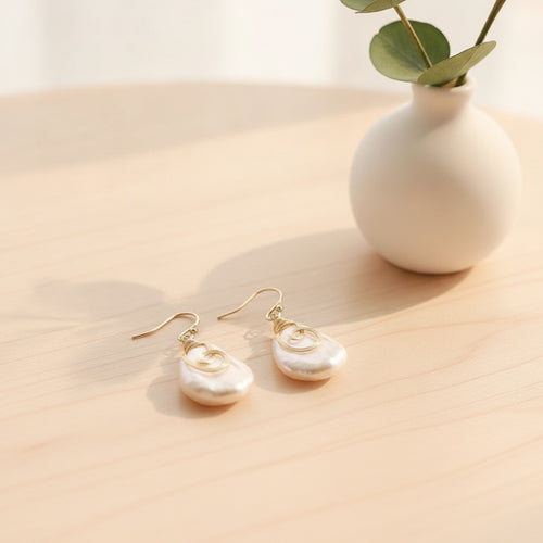 Baroque Pearl Wire Wrap Drop Earring - Gold