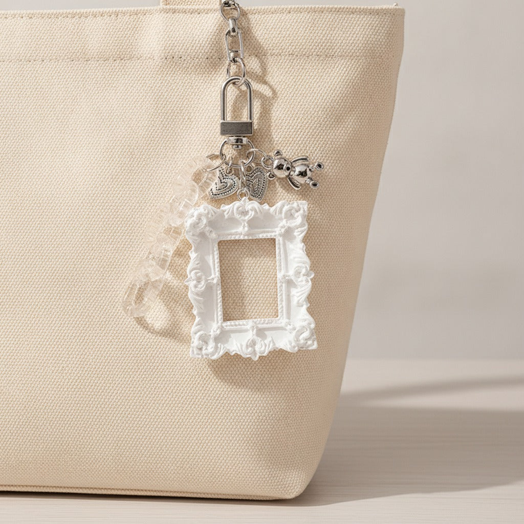 Ornate Frame Photo Keychain - White
