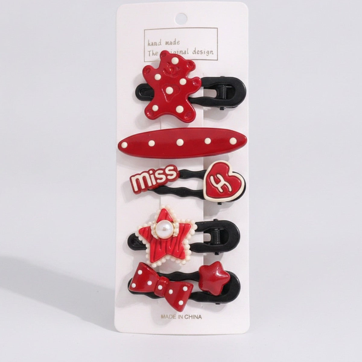 Red Polka Dot Star Heart Hair Clips Set – hair accessories (view 1)