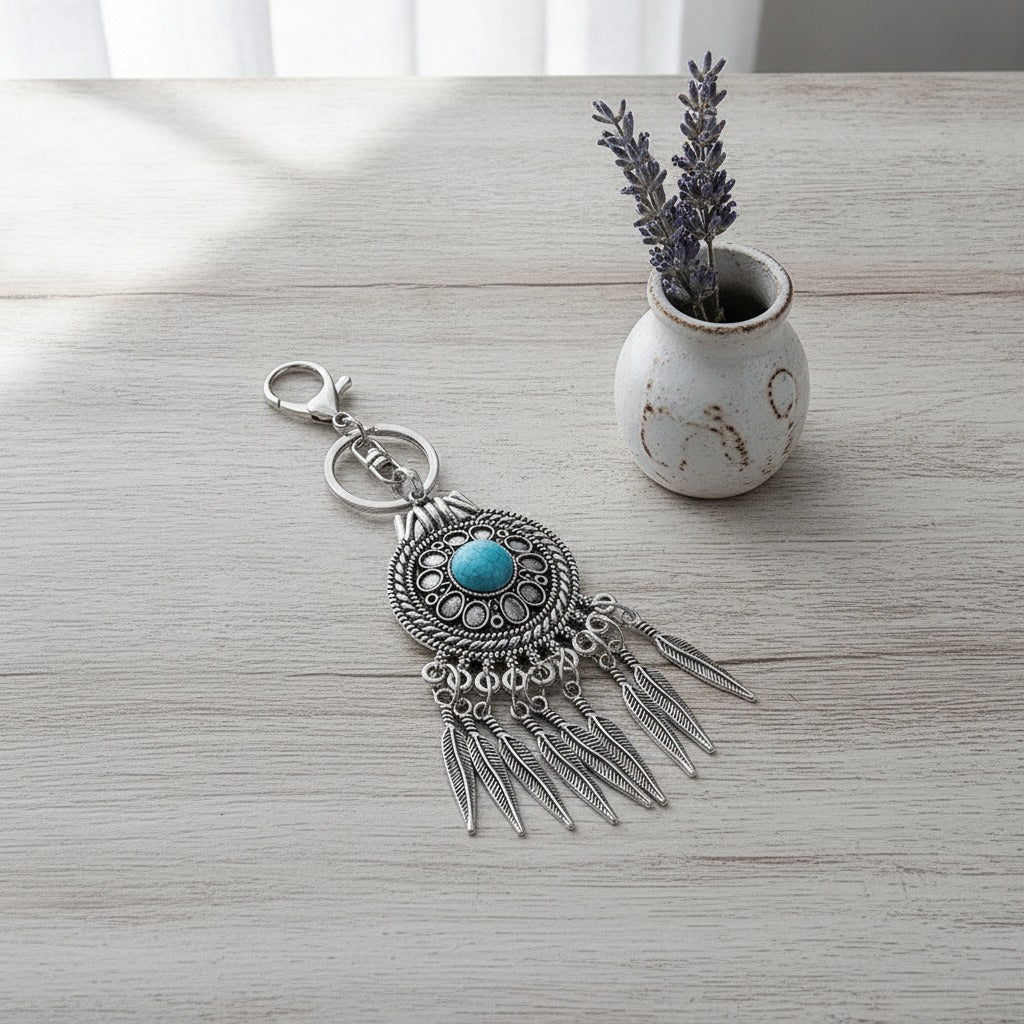 Turquoise Dreamcatcher Keychain - Silver