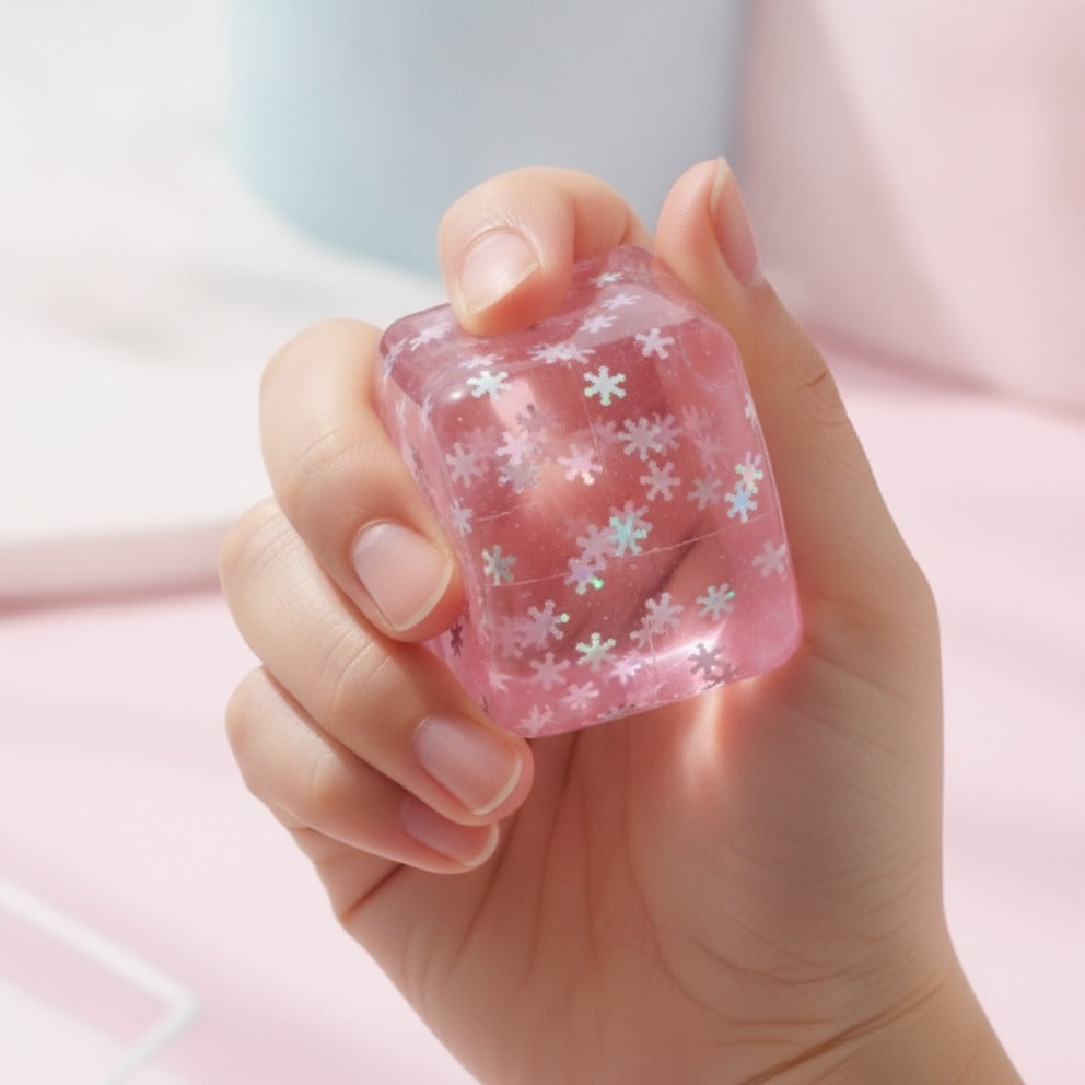 Pink Snowflake Glitter Resin Cube Die - squeeze in hand