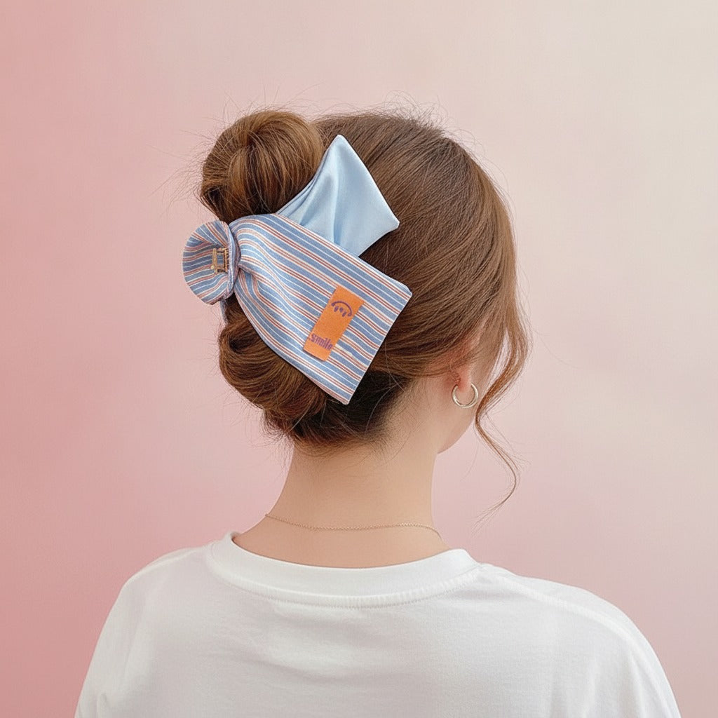 Striped Hair Claw Clip - Light Blue Stripe