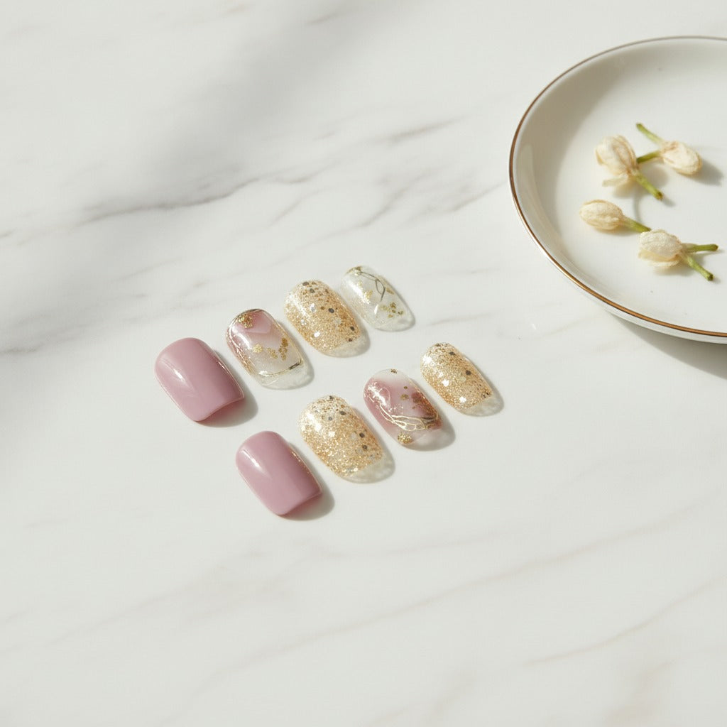 Botanical Press-On Nail Set - Dusty Rose & Gold