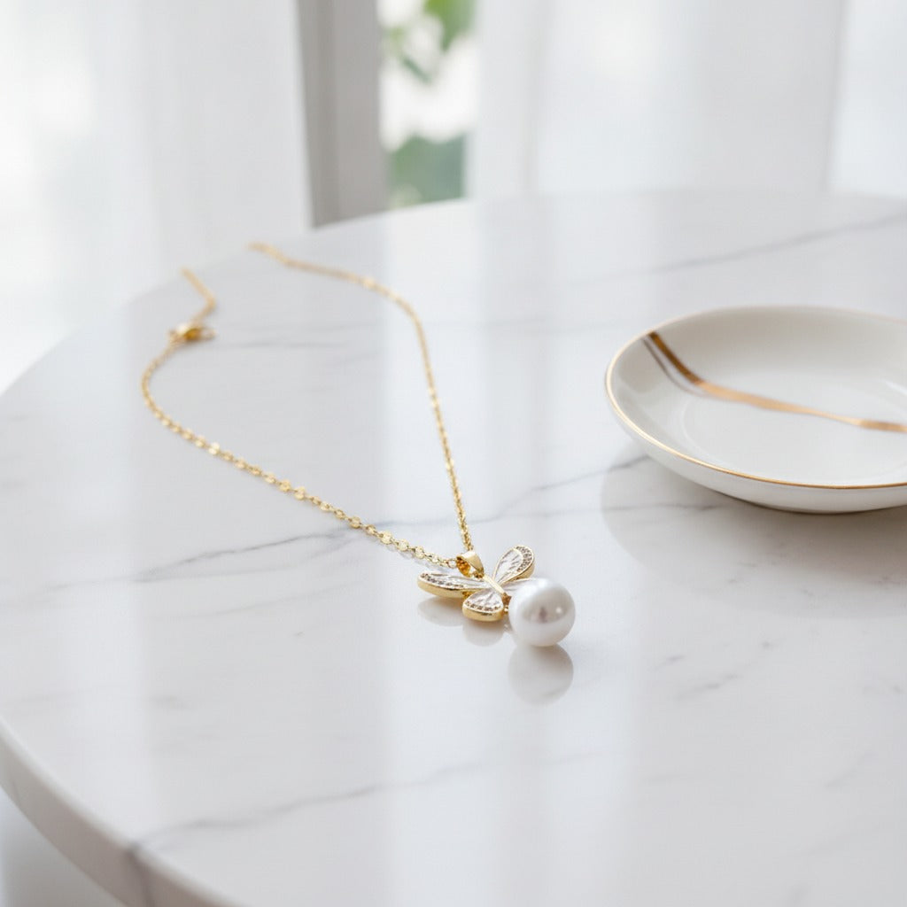 Butterfly Pearl Drop Necklace - Gold