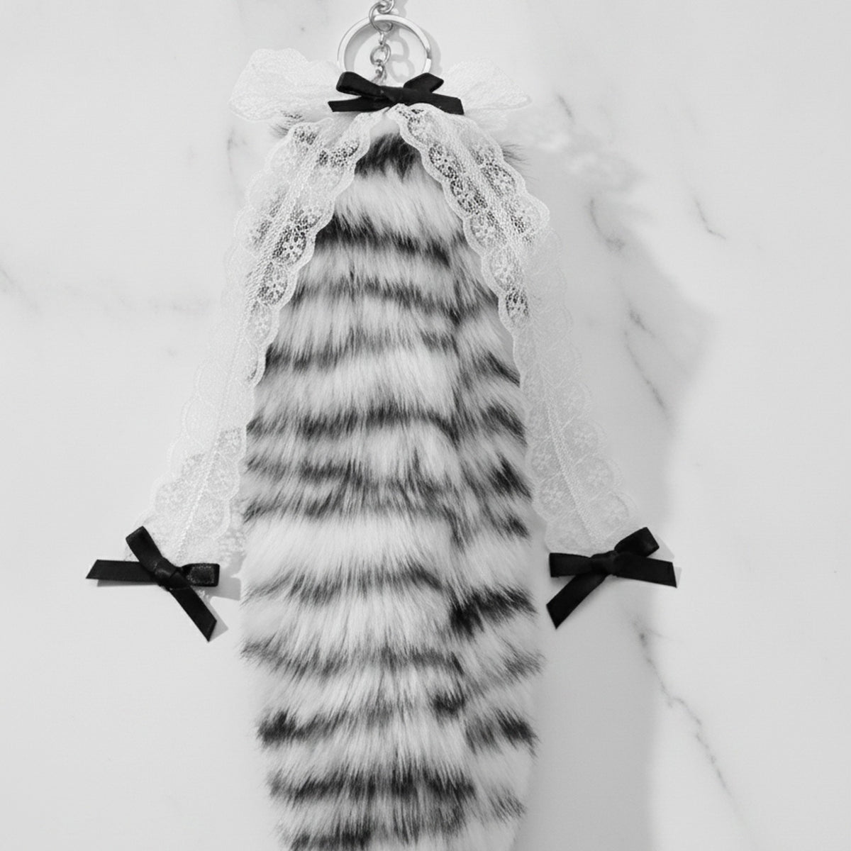 Fuzzy Leopard Tail Bag Charm - Black & White