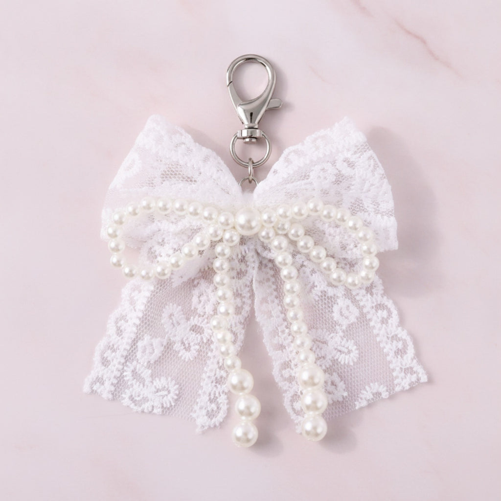 Pearl Lace Bow Bag Charm - White