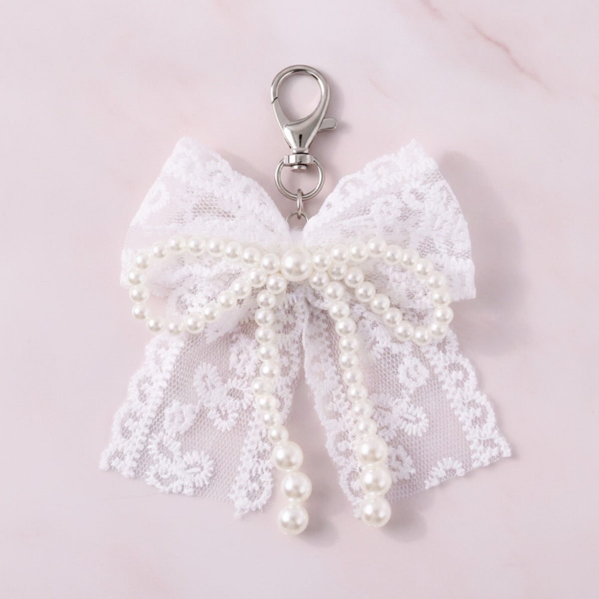 Pearl Lace Bow Bag Charm - White