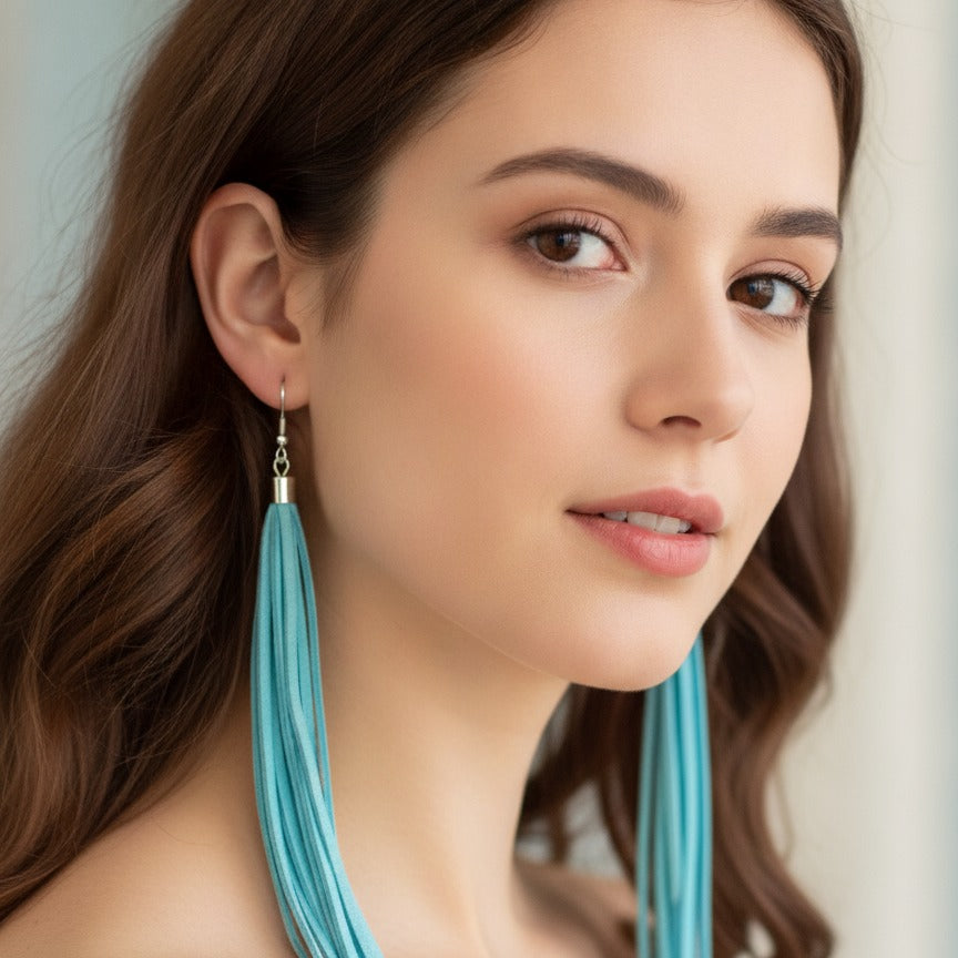 Fringe Tassel Dangle Earrings - Sky Blue