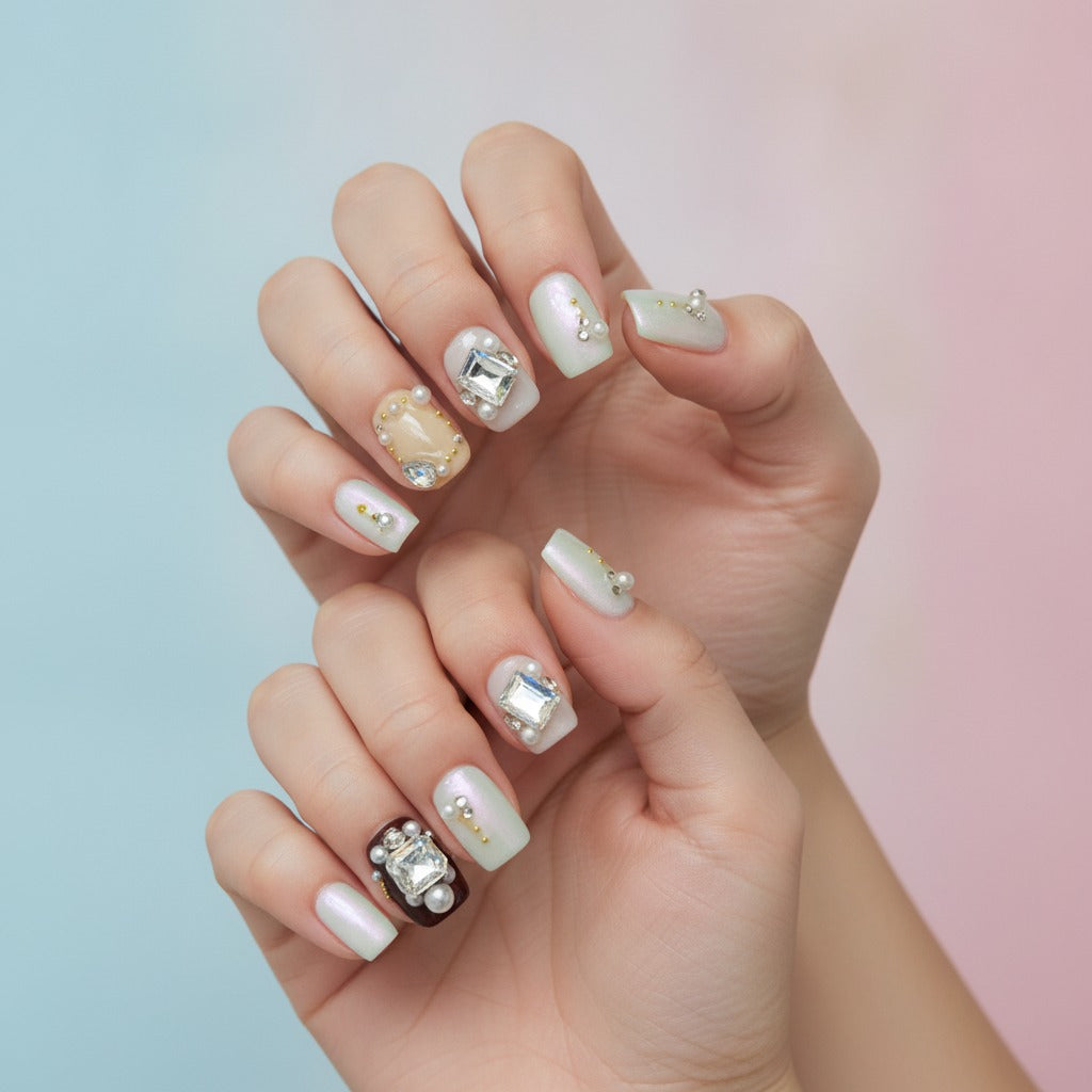 Gem-Studded Press-On Manicure Set - Pearl & Gem Mix