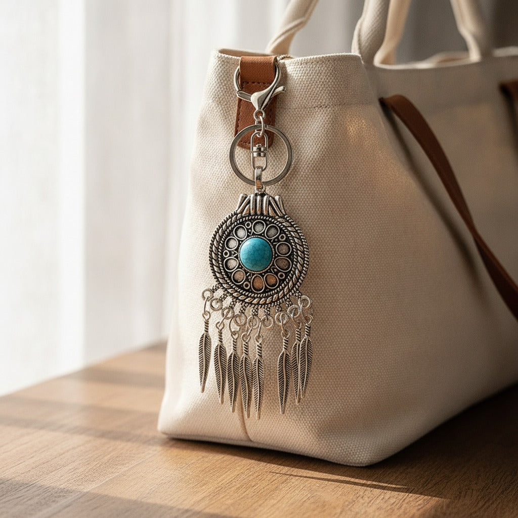 Turquoise Dreamcatcher Keychain - Silver