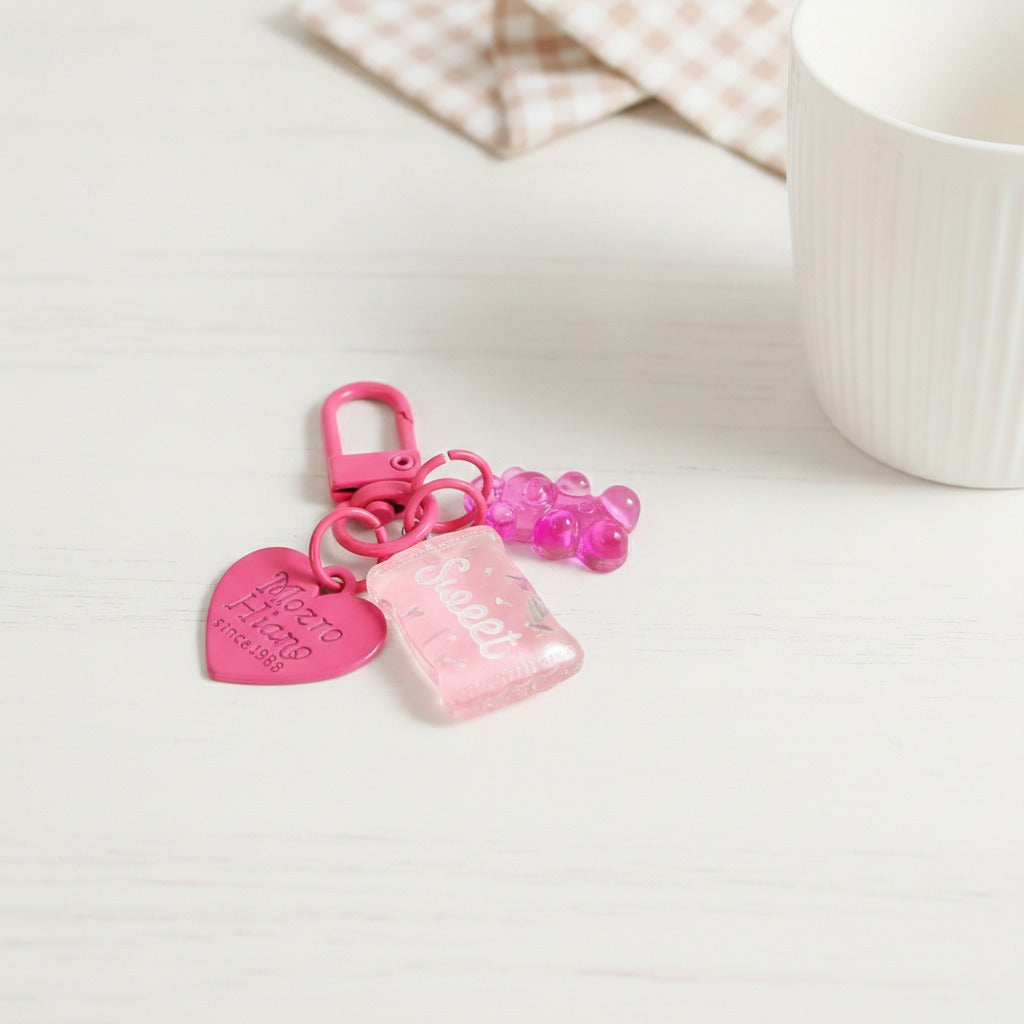 Candy Bear Heart Charm Keychain - Rose Red