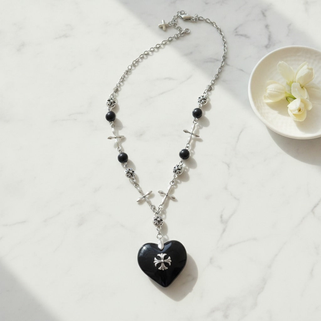 Cross Heart Charm Necklace - Black