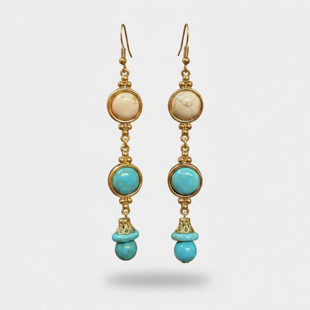 Turquoise & Cream Beaded Drop Earrings Turquoise & Cream