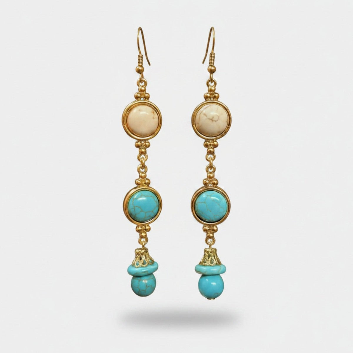 Turquoise & Cream Beaded Drop Earrings Turquoise & Cream