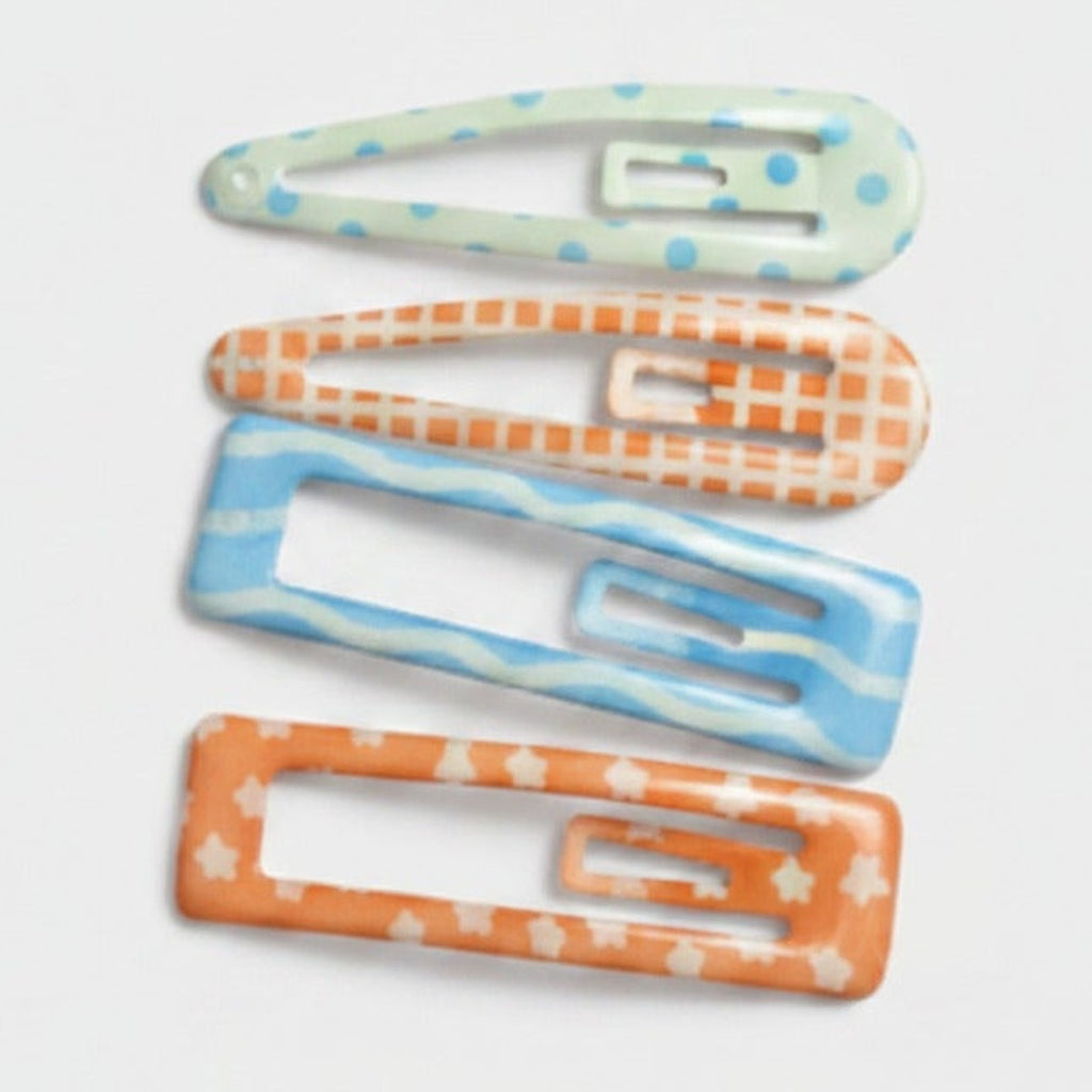 Le Ting Printed Snap Hair Clip Set - Blue Dot & Orange Plaid – hair accessories (view 1)
