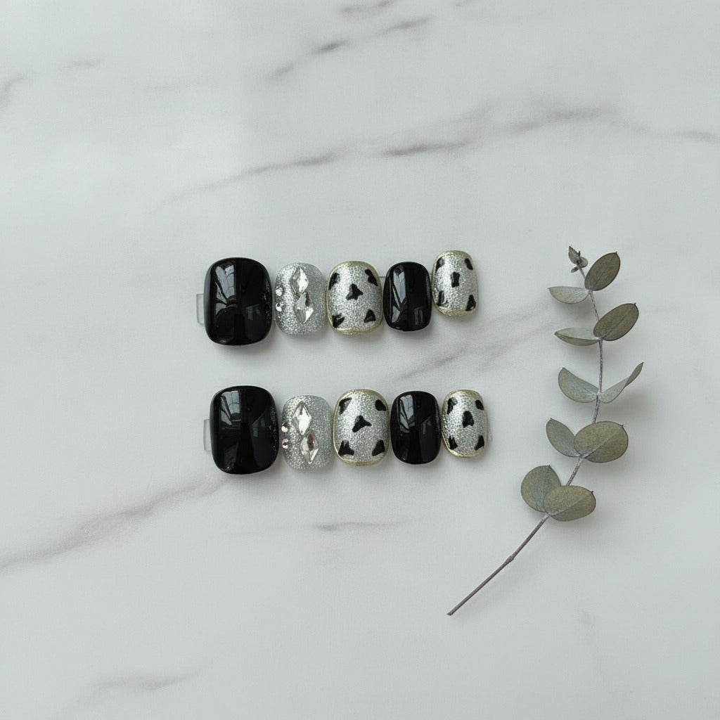 Cow Print Press-On Nail Set - Black & Silver Cow
