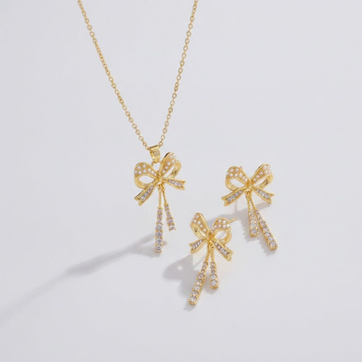 Rhinestone Bow Necklace & Earring Set - Gold
