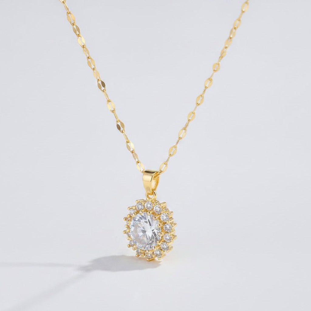 Oval Halo Crystal Pendant Necklace - Gold