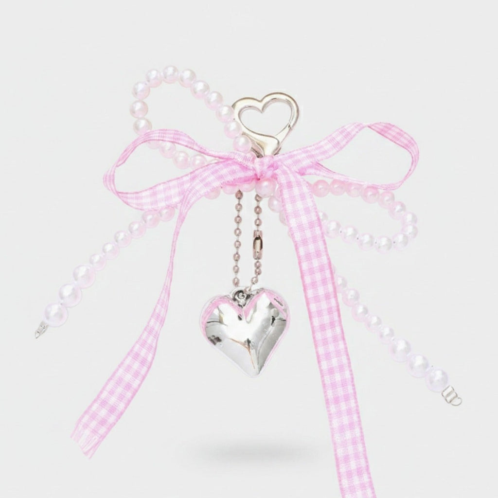 Pearl Beaded Heart Charm Keyring With Pink Bow – novelty & toys (view 1)