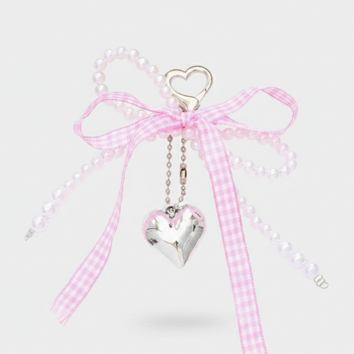 Pearl Beaded Heart Charm Keyring With Pink Bow – novelty & toys (view 1)