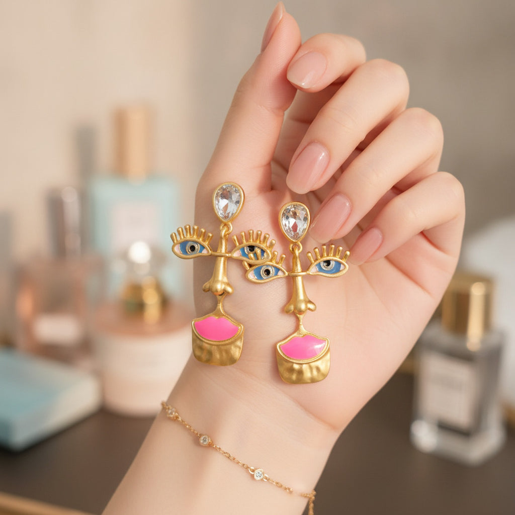 Gold Abstract Face Statement Earrings Gold & Pink