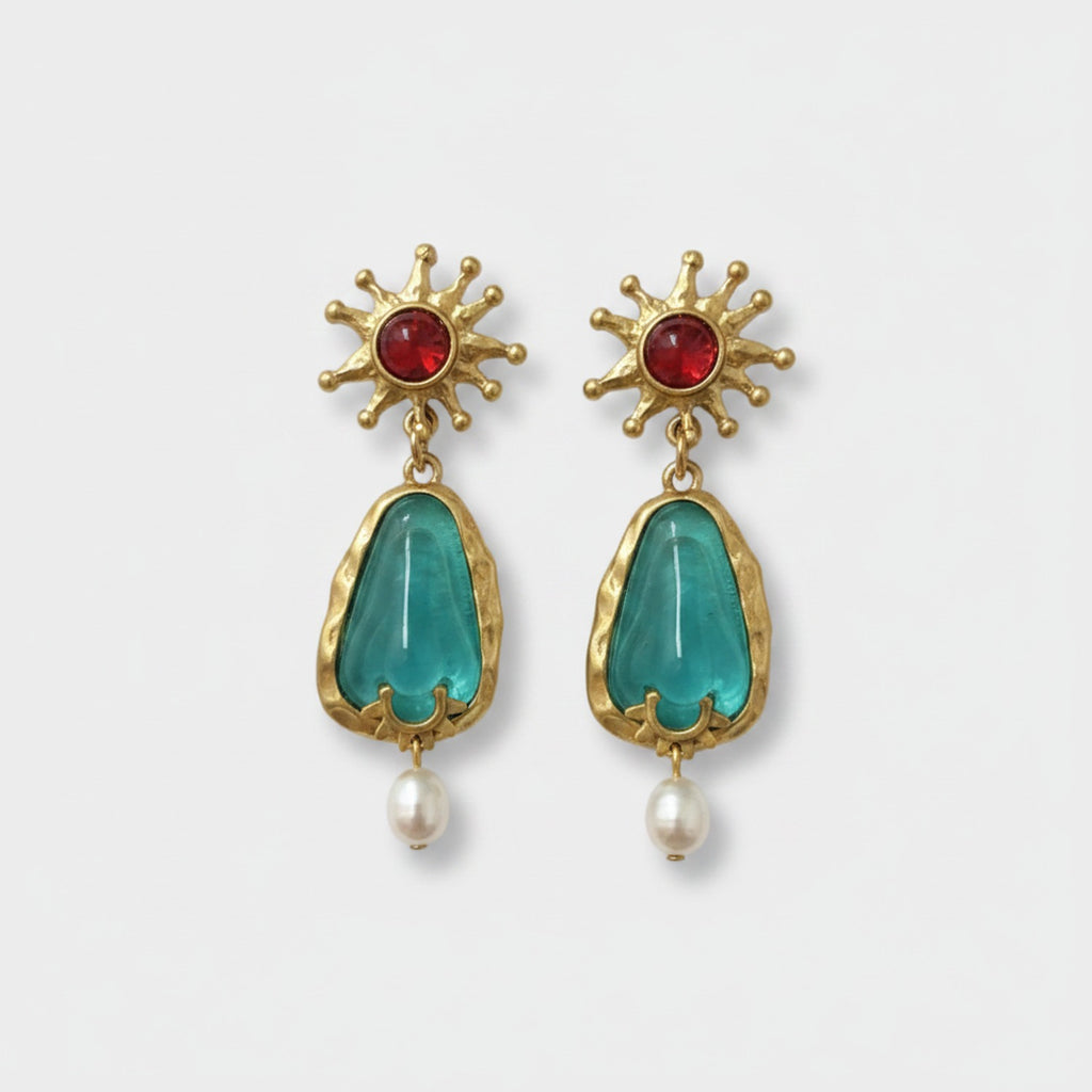 Celestial Pearl Drop Earrings Gold & Teal