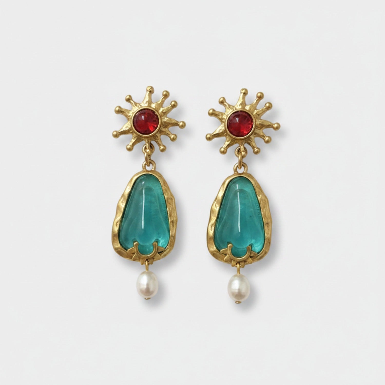 Celestial Pearl Drop Earrings Gold & Teal