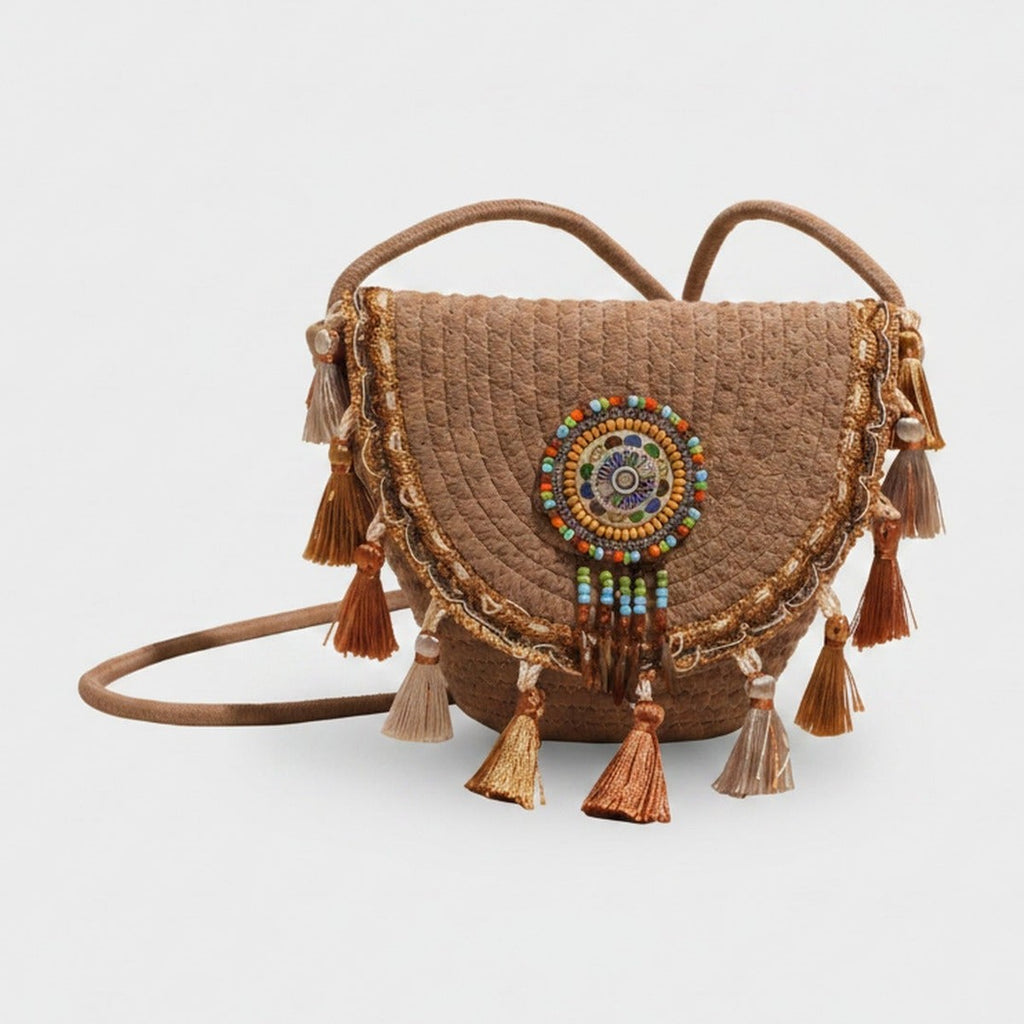 Beaded Boho Crossbody Bag With Tassel Fringe - Khaki – apparel accessories (view 1)