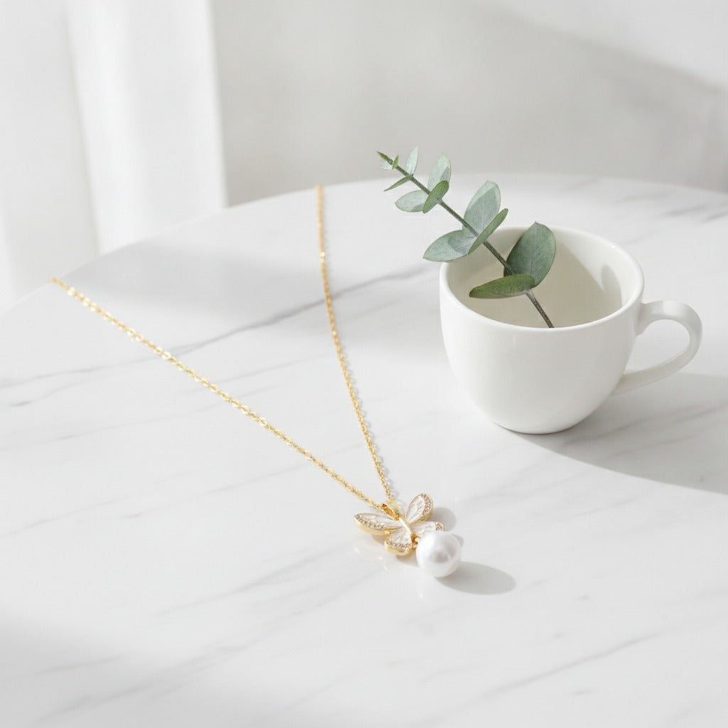 Butterfly Pearl Drop Necklace - Gold