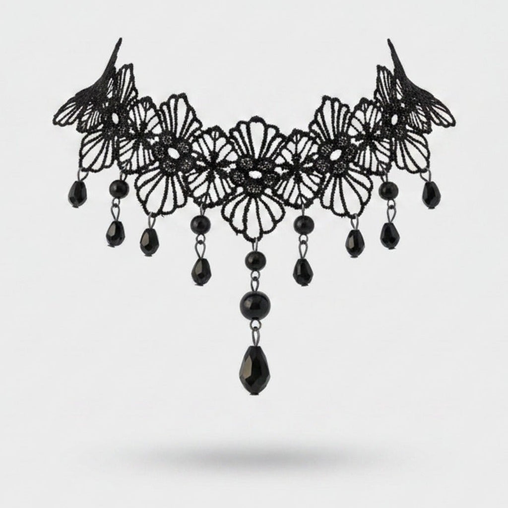 Black Lace Choker Necklace With Beaded Drops – jewelry (view 1)