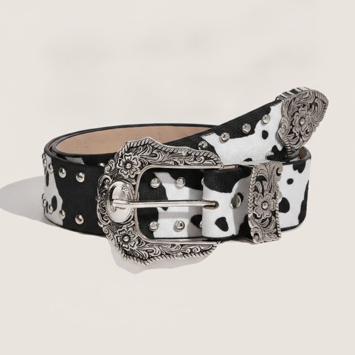 Black And White Cow Print Studded Belt With Ornate Buckle – scarves & belts (view 1)