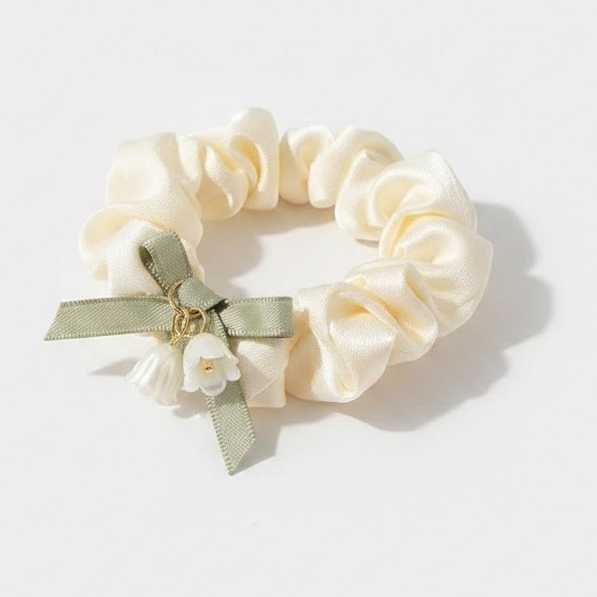 Cream Satin Scrunchie With Sage Ribbon Bow – hair accessories (view 1)