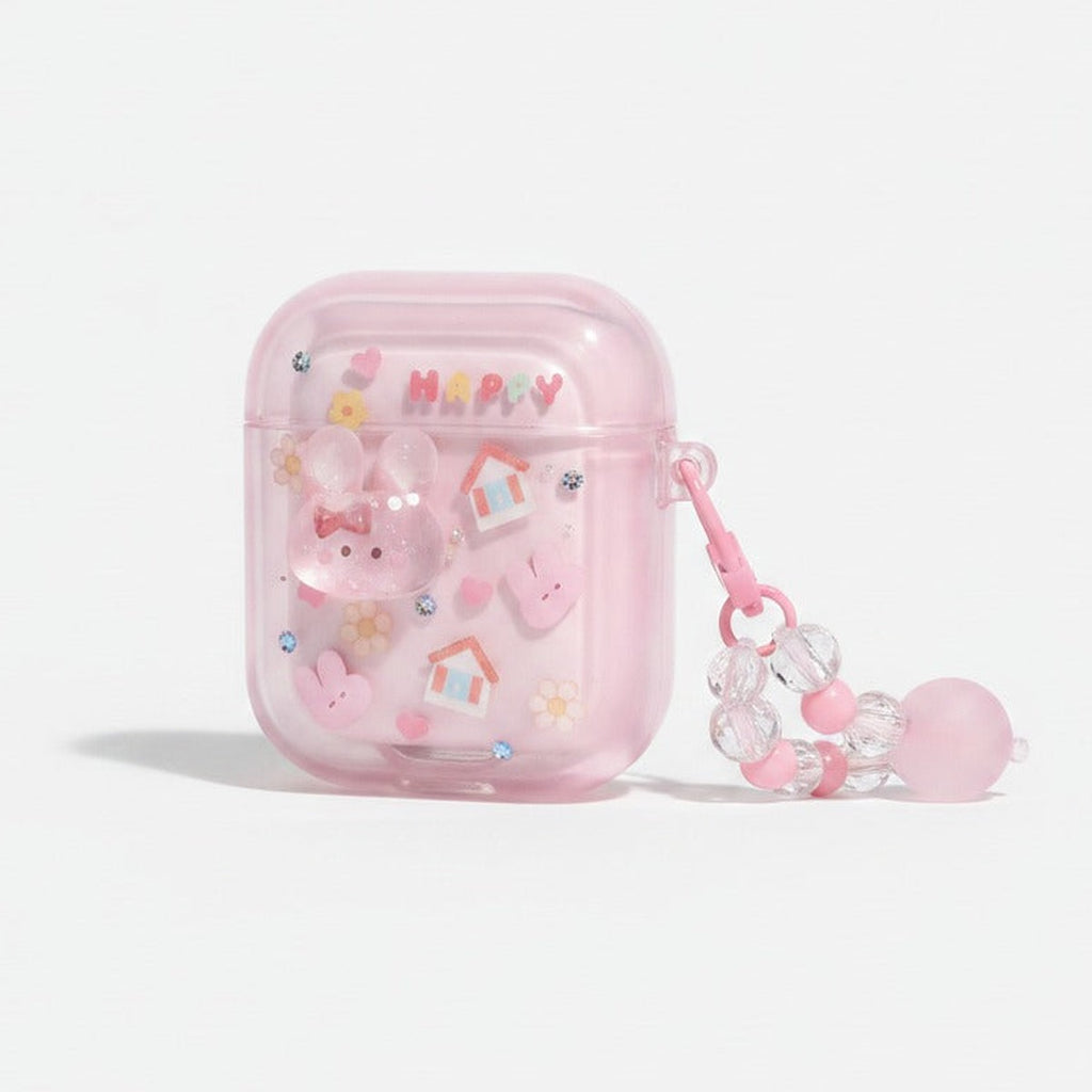 3D Flower AirPods Case with Beaded Charm - Pink Bunny House (for AirPods Pro 3)