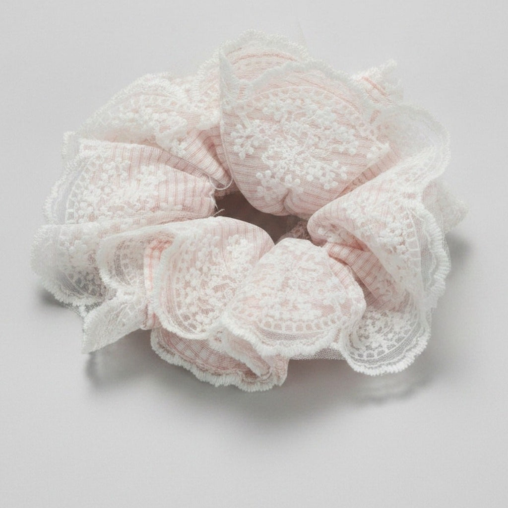 Lace Flower Hair Scrunchie Pink And White – hair accessories (view 1)