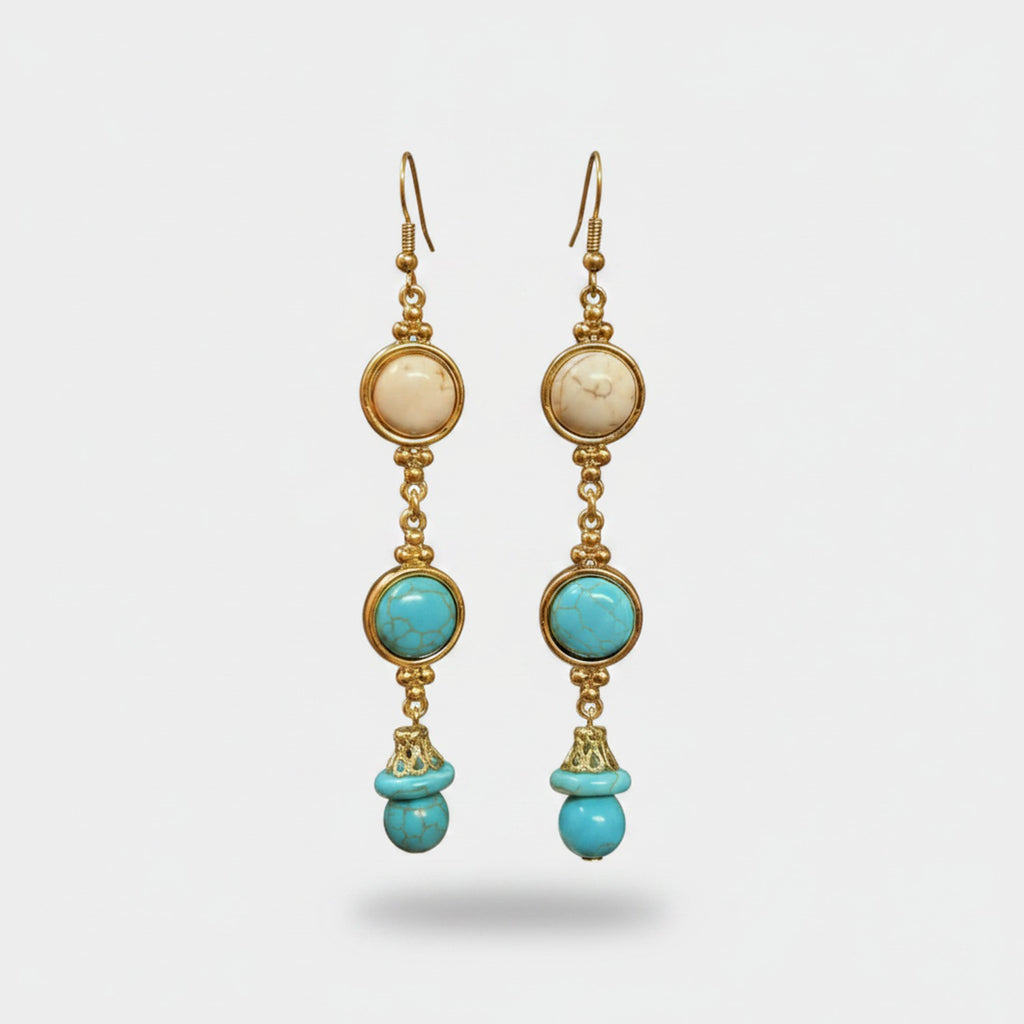 Turquoise & Cream Beaded Drop Earrings Turquoise & Cream