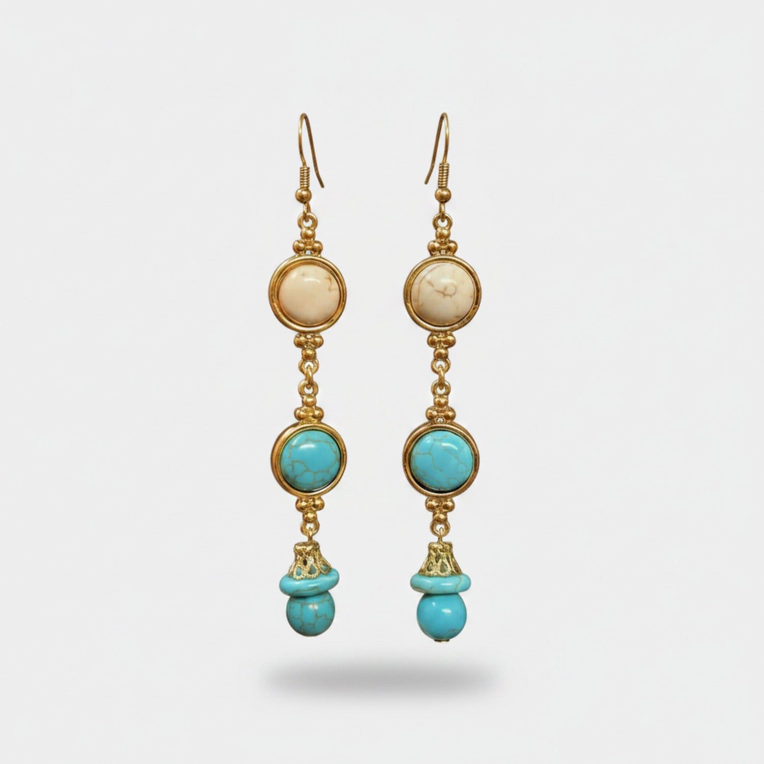 Turquoise & Cream Beaded Drop Earrings Turquoise & Cream