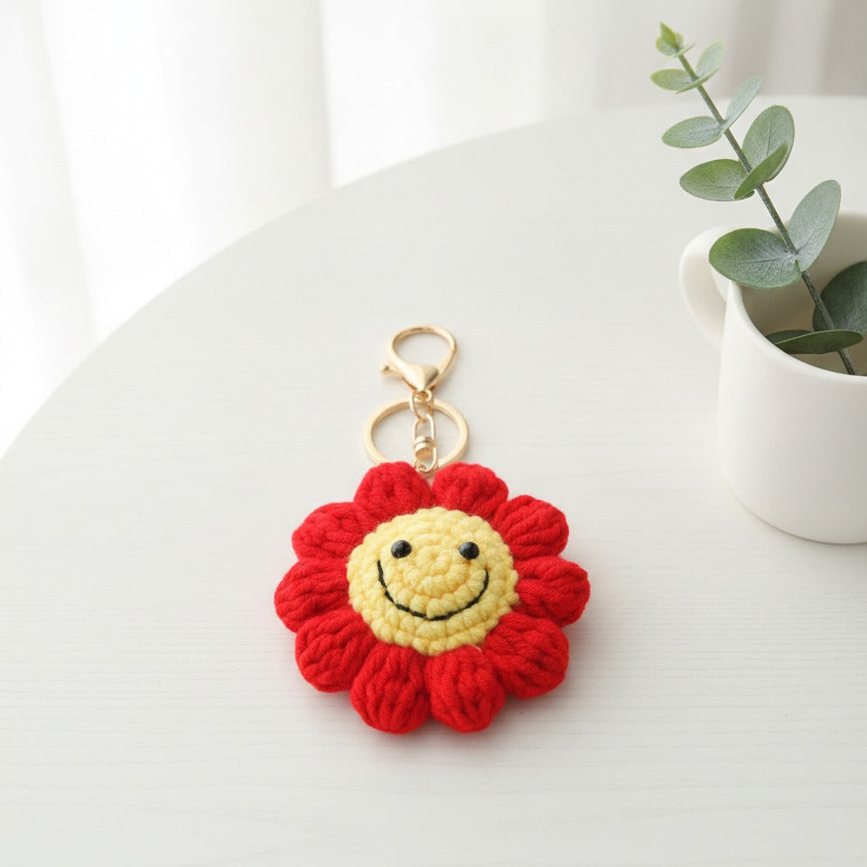 Smiley Flower Crochet Keychain - Red Smiley
